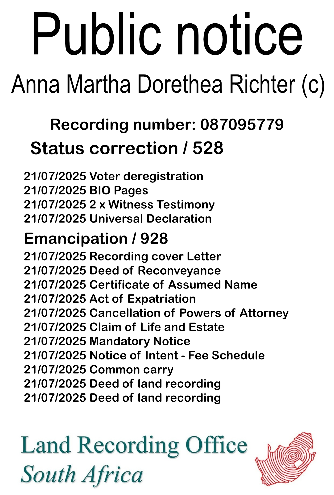 Public notice Anna Martha Dorethea Richter (c) Recording number 087095779